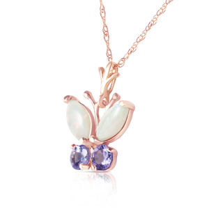 14K. GOLD BUTTERFLY NECKLACE WITH OPALS & TANZANITES (Rose Gold)